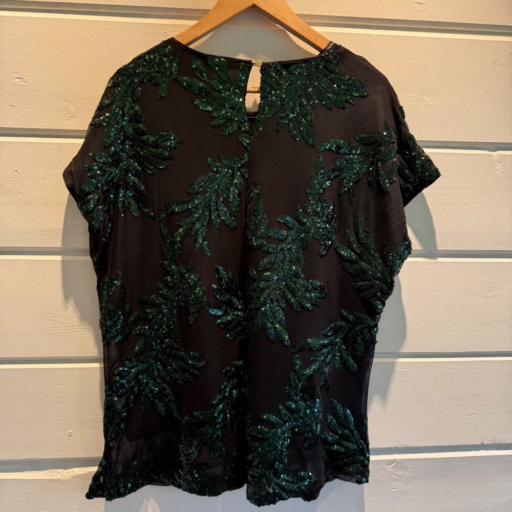 NWT CABLE & GAUGE Top Black Green Sequin Leaf Mesh Top Blouse CSTP04434W Size 1X - Picture 9 of 12